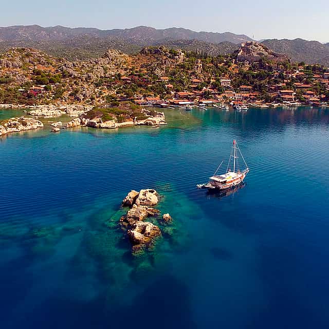 The Sunken Island of Kekova, the Ancient City and the Church of St. Nicholas from Alanya